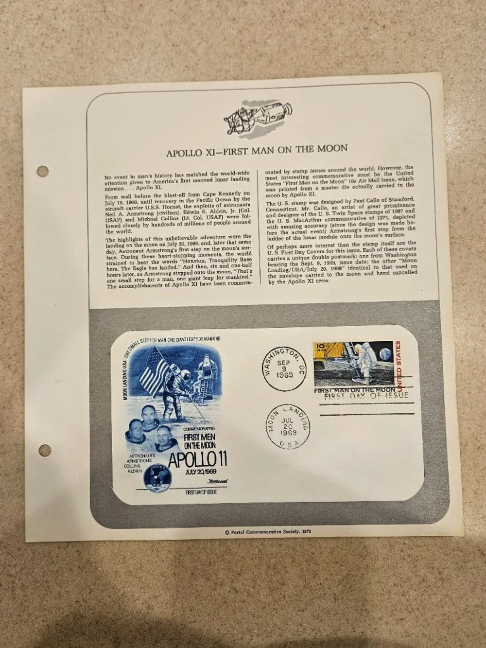 RARE COLLECTIBLE USPS 1ST DAY ISSUE COVER APOLLO XI 1ST MAN MOON ASTRONAUT STAMP